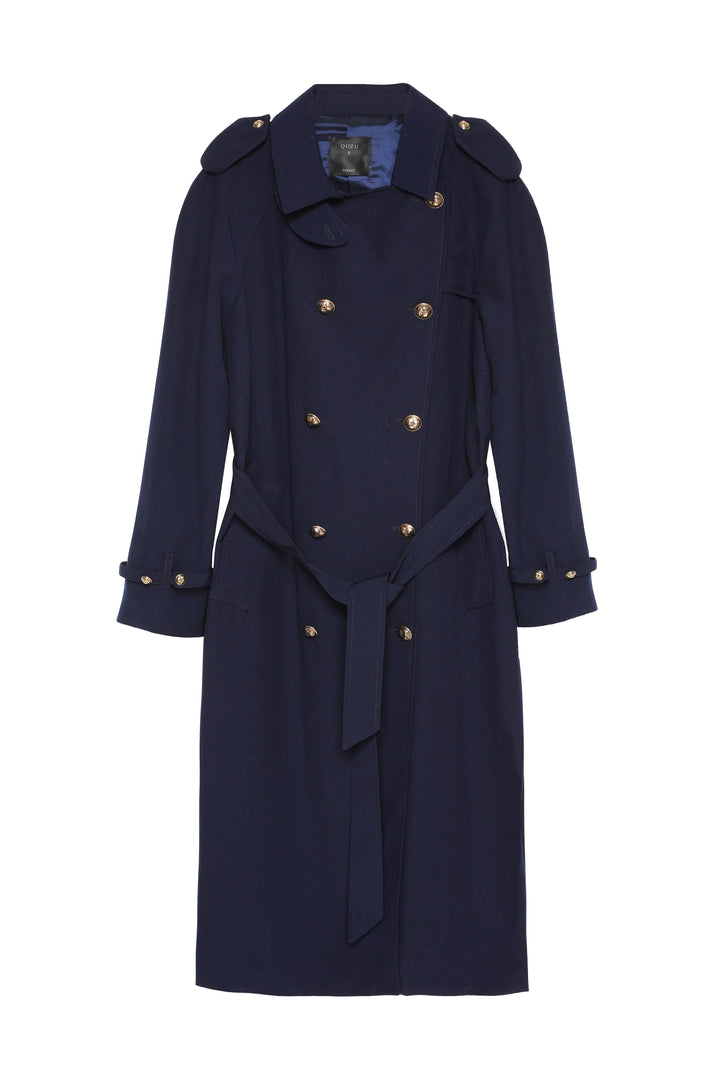 Tie Waist Button Trench Coat Navy Blue