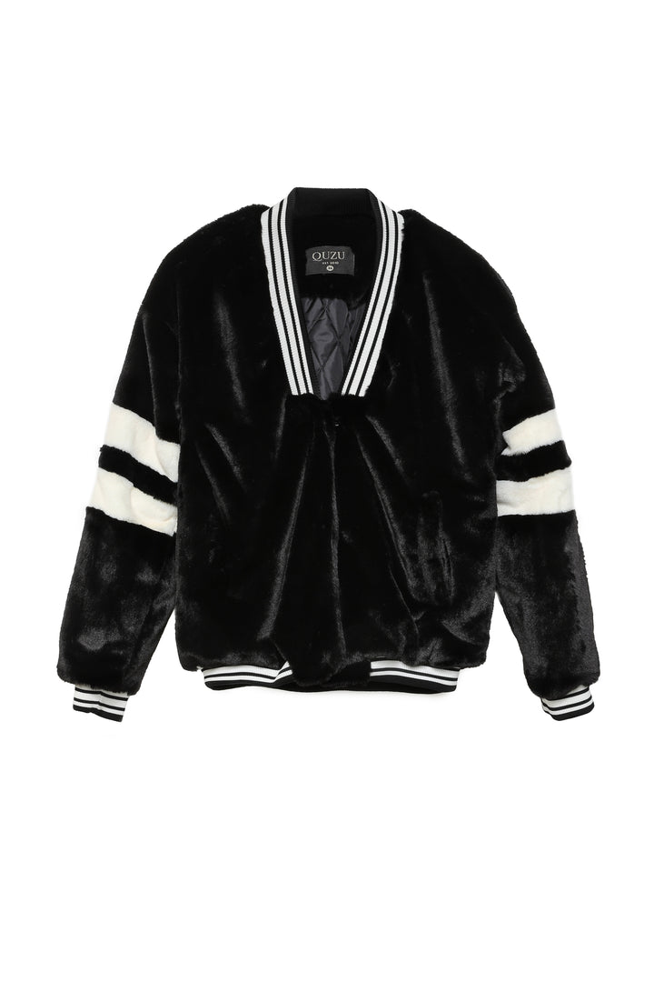 Striped V-Neck Plush Coat Black