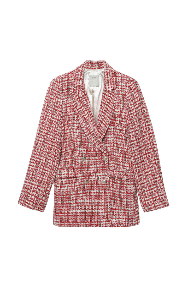 Kruvaze Yaka Düğme Detaylı Tüvit Blazer Ceket Kırmızı