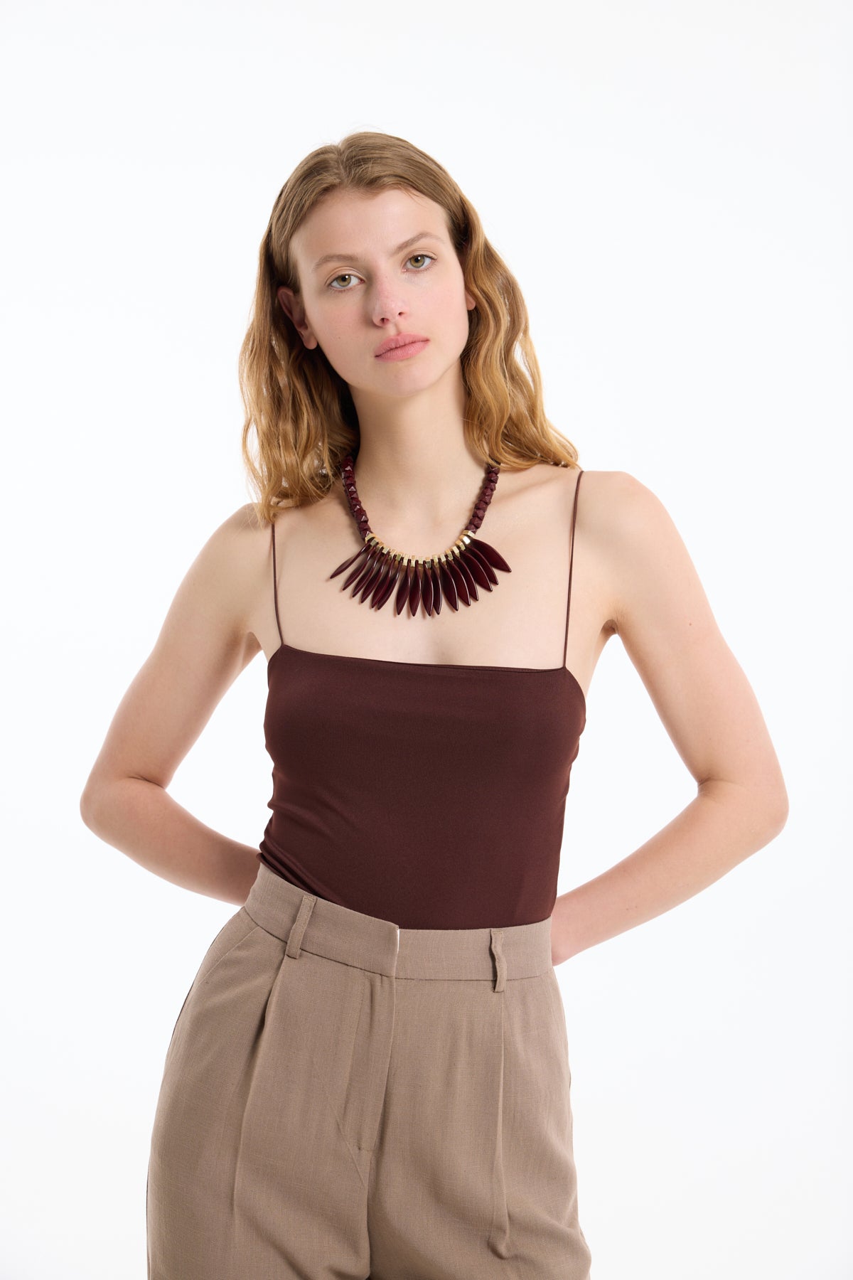 Çıtçıtlı İnce Askılı Bodysuit Koyu Kahve