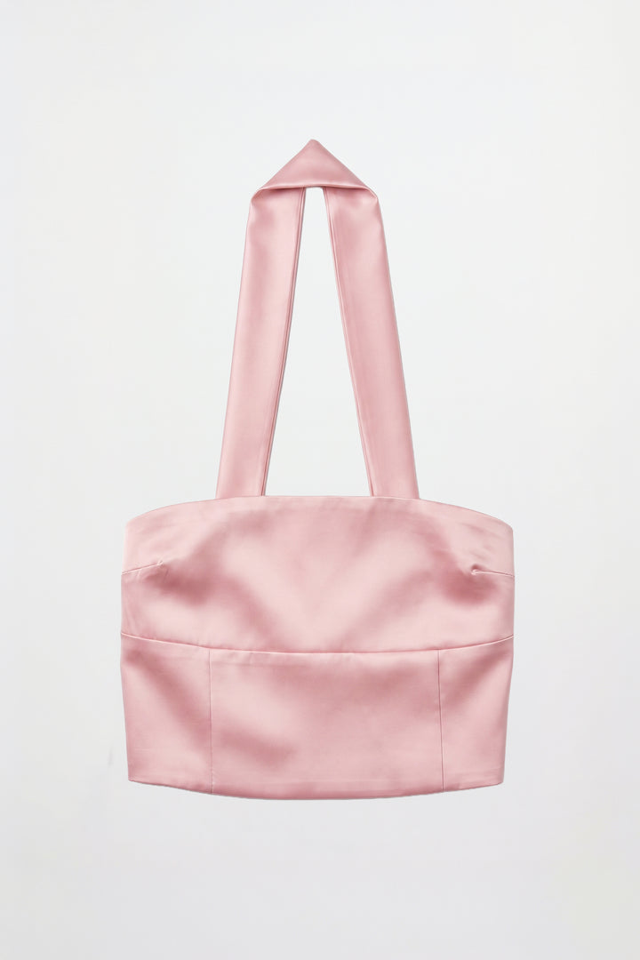Boyundan Geçmeli Saten Crop Bluz Pudra