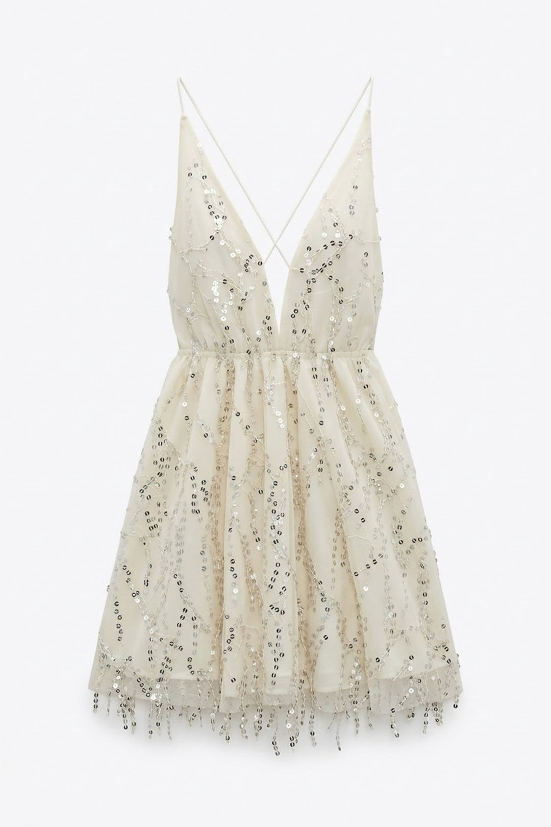 Sırtı Açık Payetli Mini Elbise Ekru