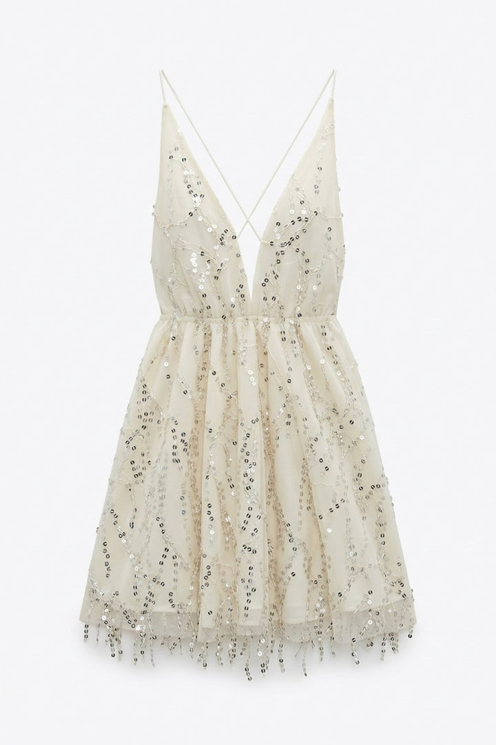 Sırtı Açık Payetli Mini Elbise Ekru