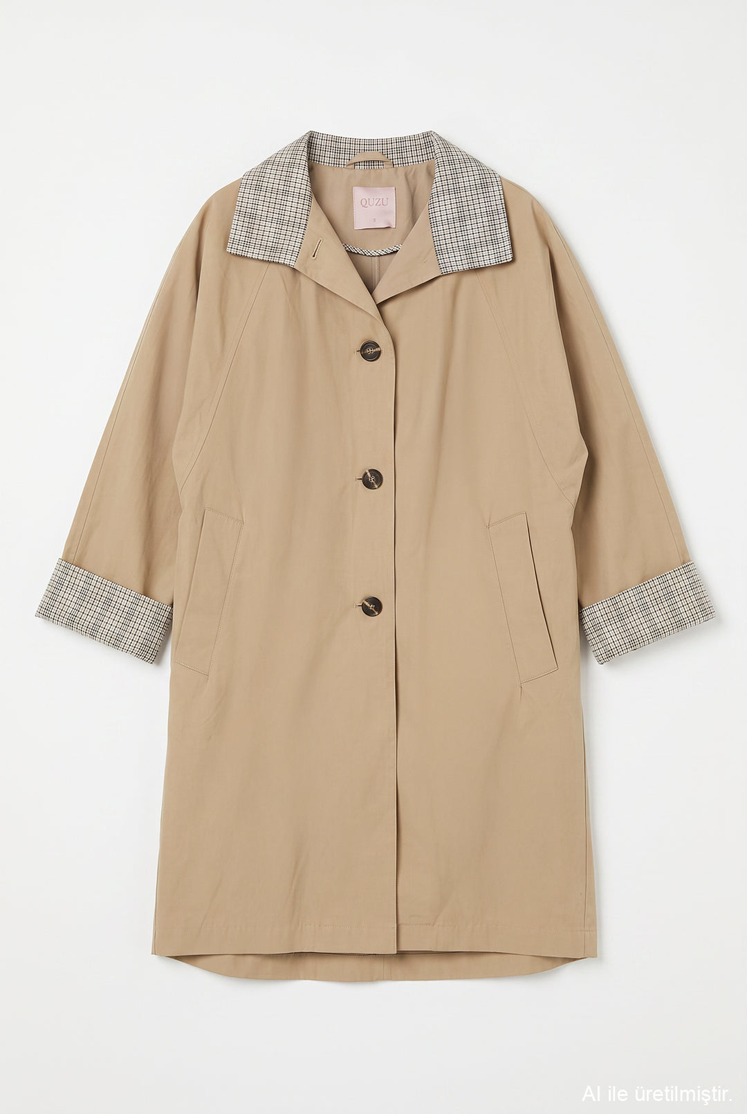 Ekose Manşetli Oversize Trençkot Bej