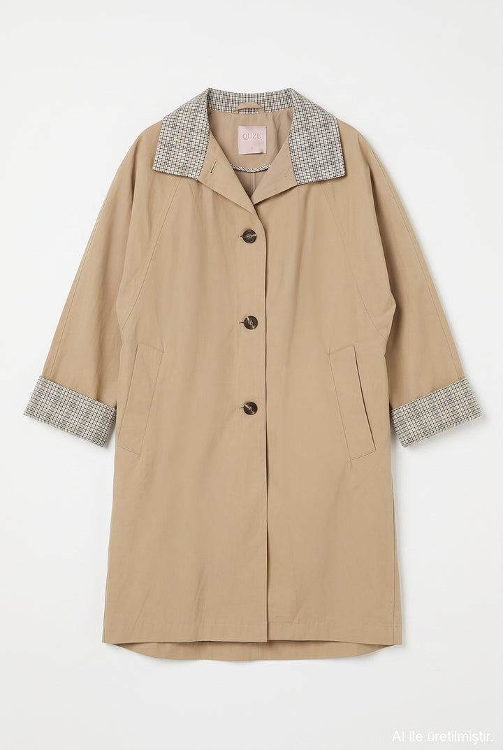 Ekose Manşetli Oversize Trençkot Bej
