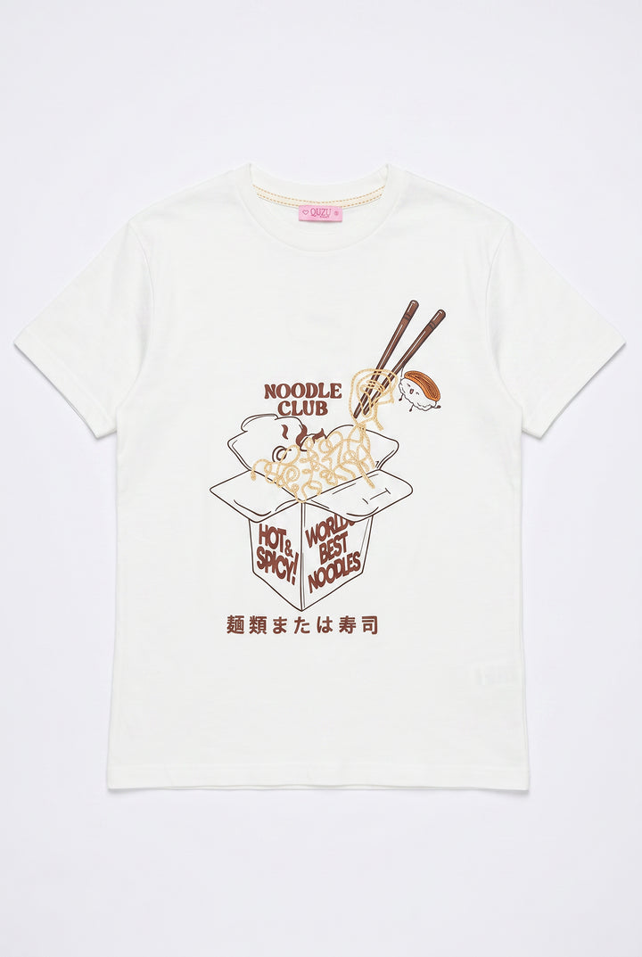 Noodle Nakışlı Baskılı Tişört Ekru