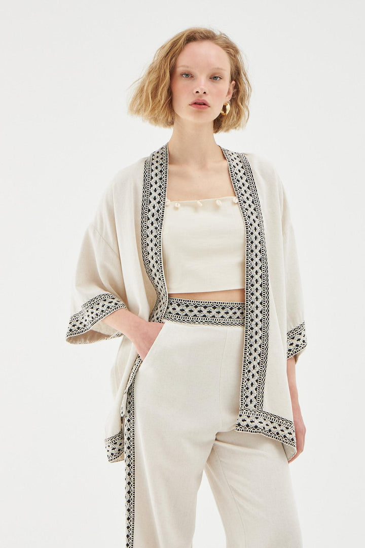 Striped Detailed Kimono Natural