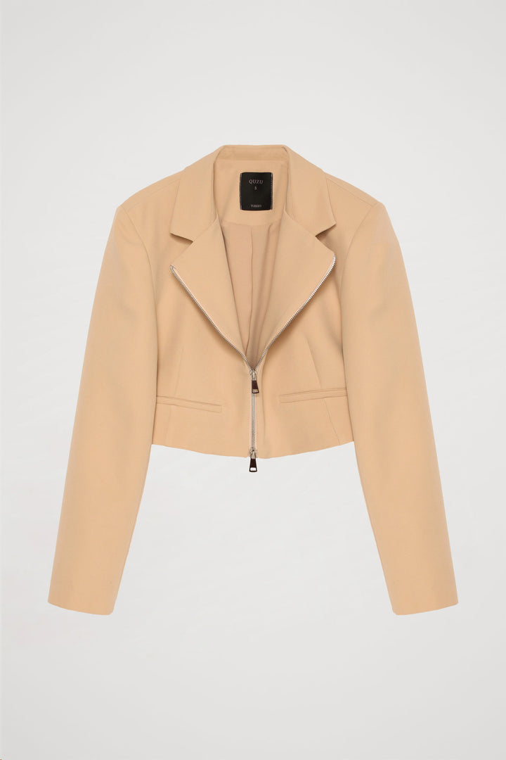 Önden Fermuarlı Crop Blazer Ceket Bej
