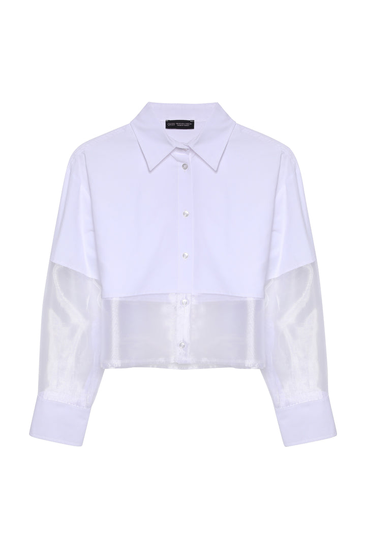 Organze Detaylı Düğmeli Gömlek Beyaz