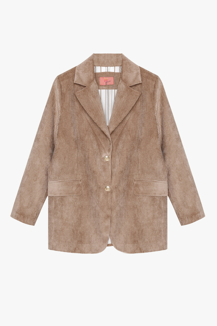 Broş Aksesuarlı Kadife Blazer Ceket Camel