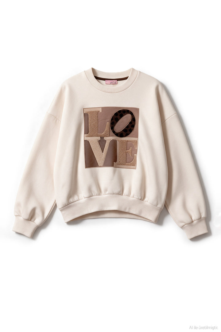 Love Nakışlı Sweatshirt Krem