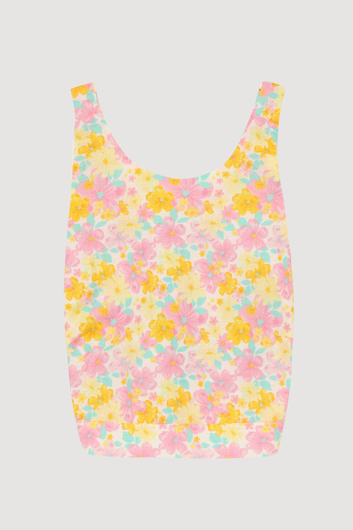 Sırtı Çapraz Askılı Çiçekli Crop Bluz Pembe