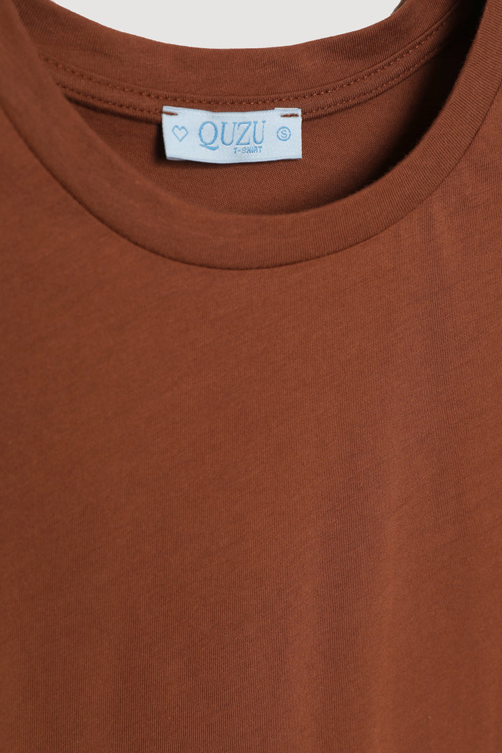 Bisiklet Yaka Oversize Basic Tişört Kahverengi