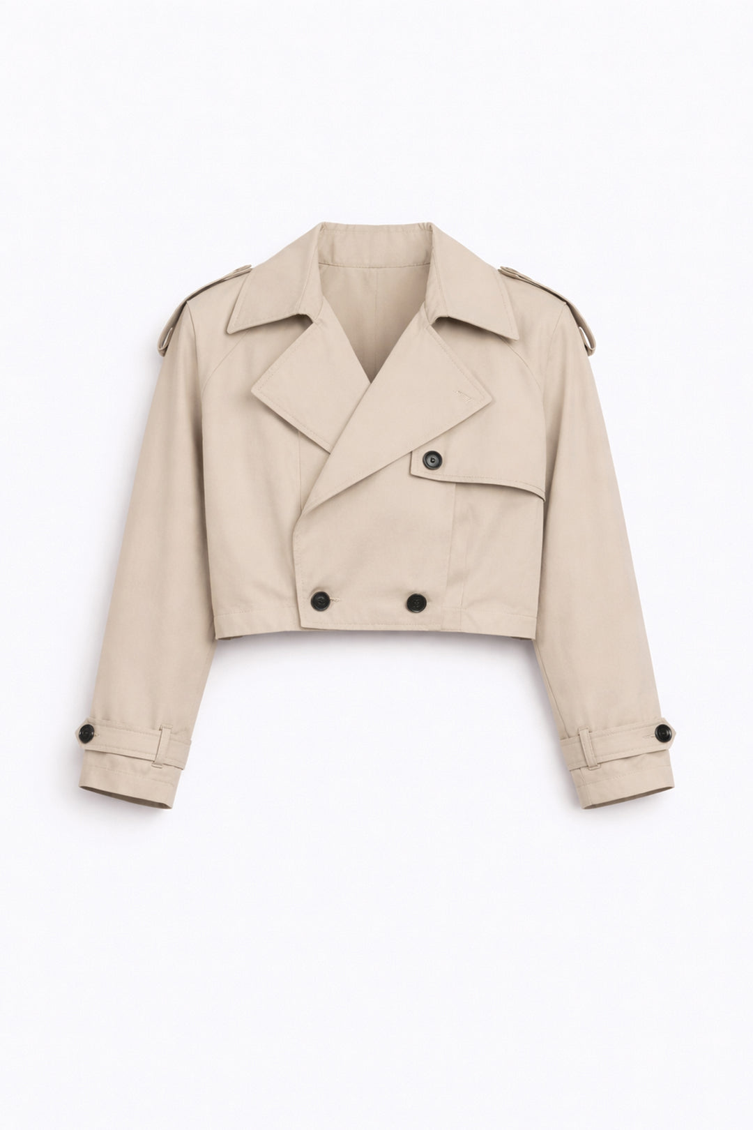 Apoletli Kruvaze Yaka Kısa Trençkot Bej