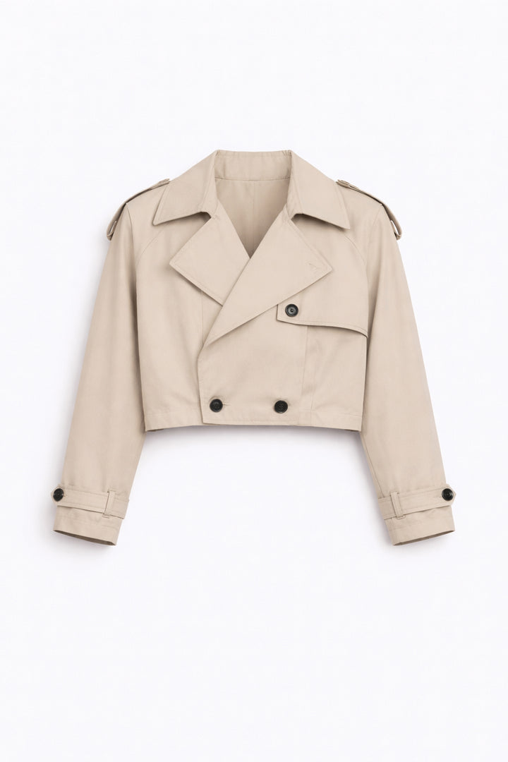 Apoletli Kruvaze Yaka Kısa Trençkot Bej