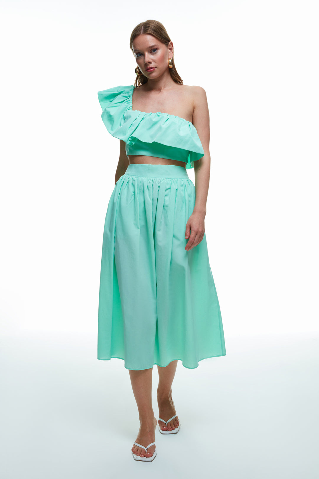 High Waist Pleat Detailed Midi Skirt Mint