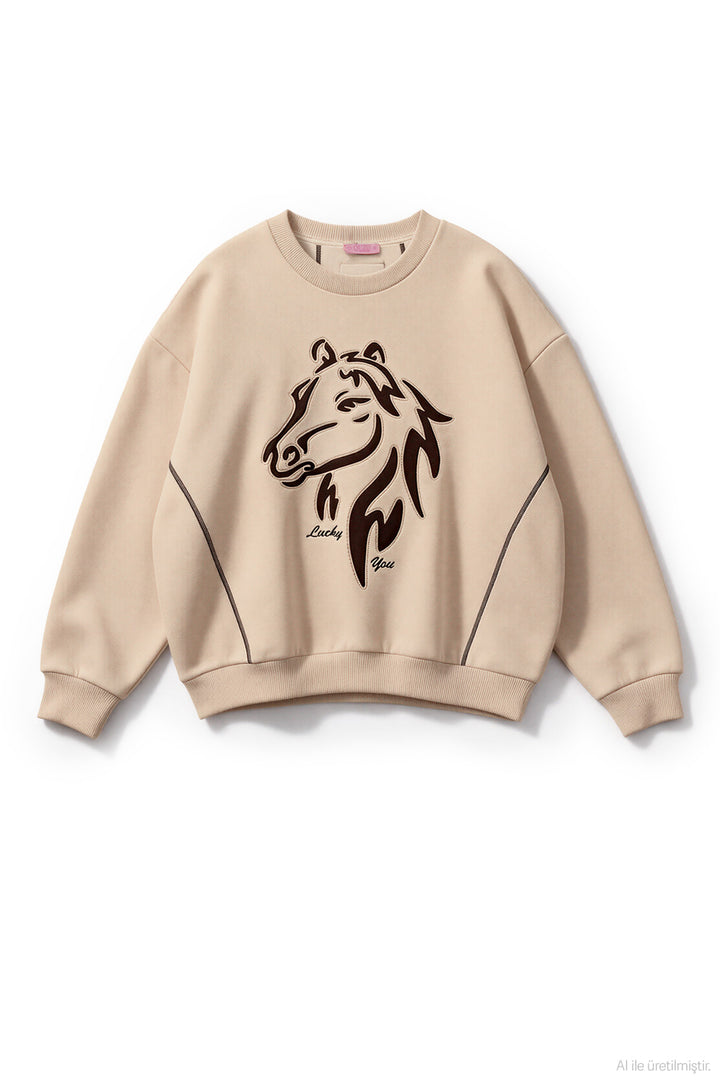 At Figür Nakışlı Sweatshirt Bej