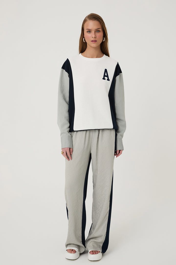 Renk Bloklu Çizgili Sweatshirt Ekru