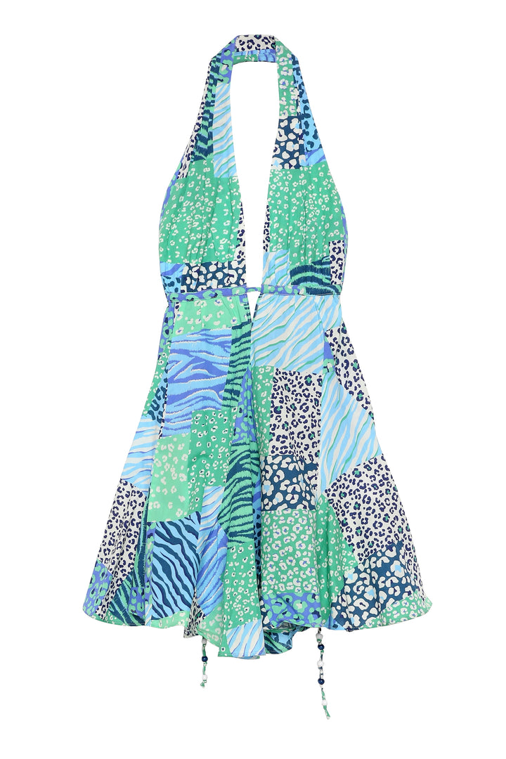 Sırt Dekolteli Desenli Mini Elbise Mint