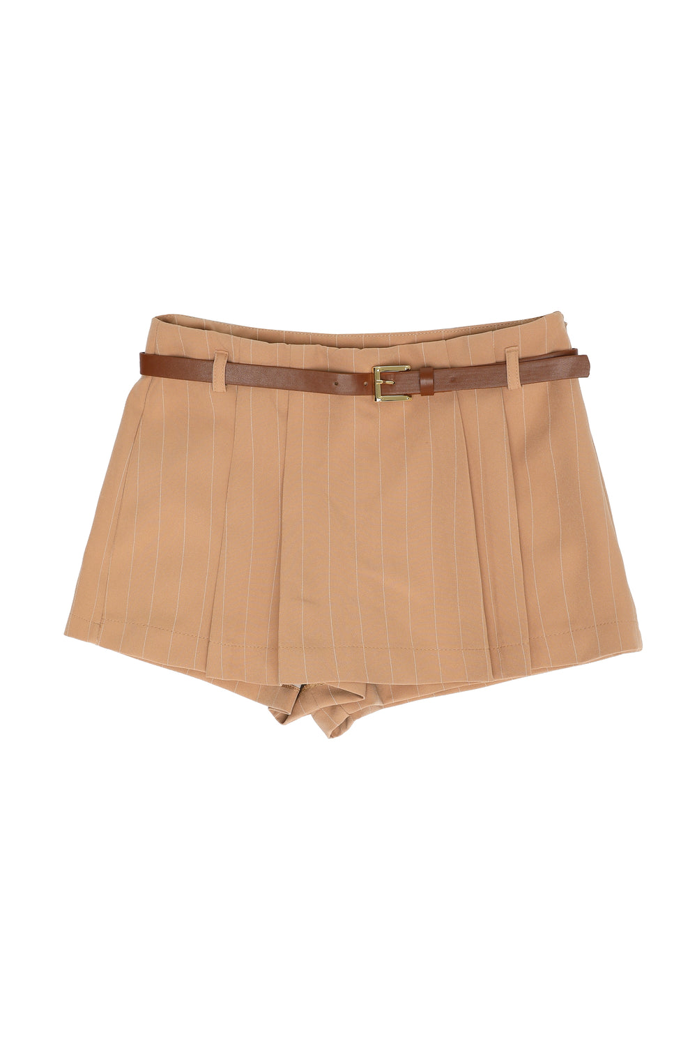 Belt Detailed Striped Short Skirt Beige