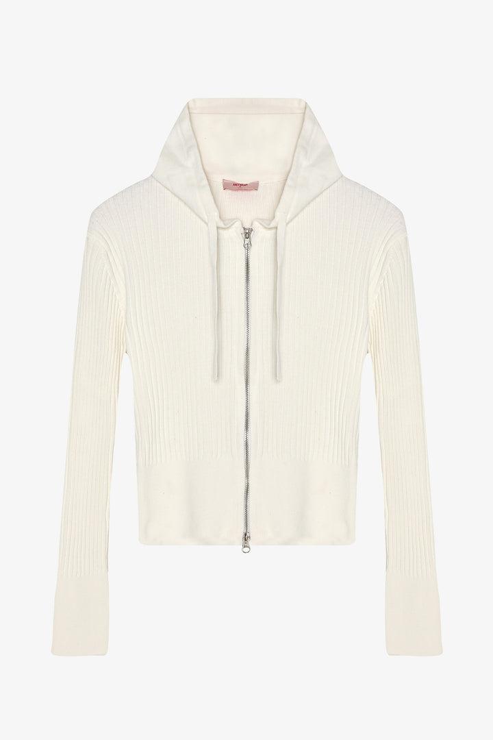 Fermuarlı Kapüşonlu Triko Hırka Ekru