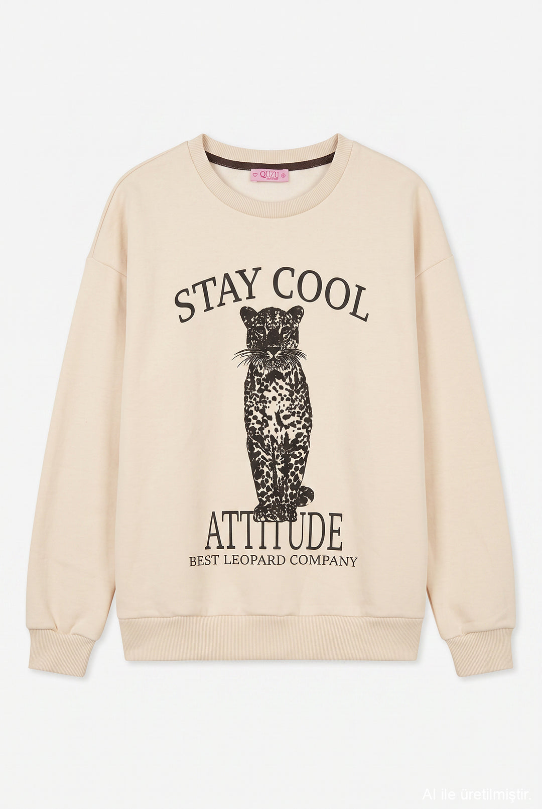 Leopar ve Yazı Baskılı Oversize Sweatshirt Bej