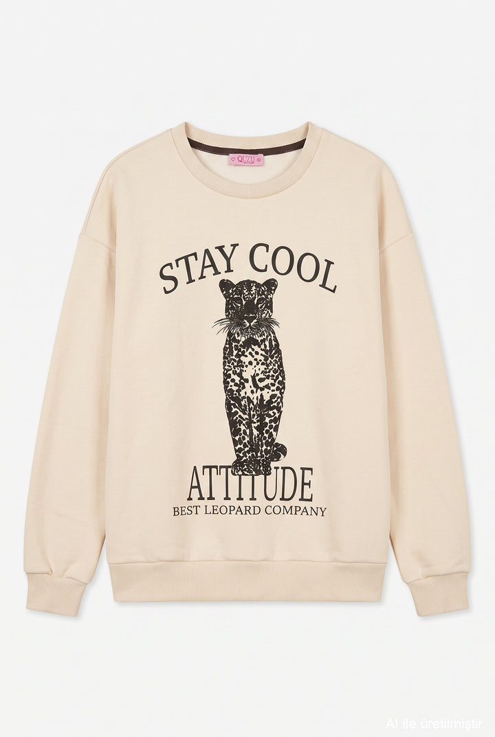 Leopar ve Yazı Baskılı Oversize Sweatshirt Bej