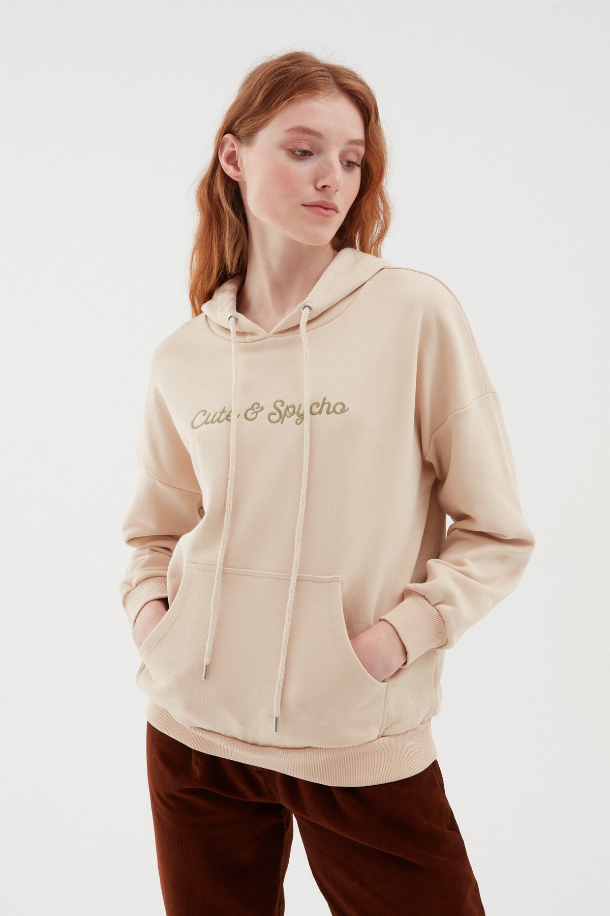 Back Printed Hoodie Sweatshirt Beige