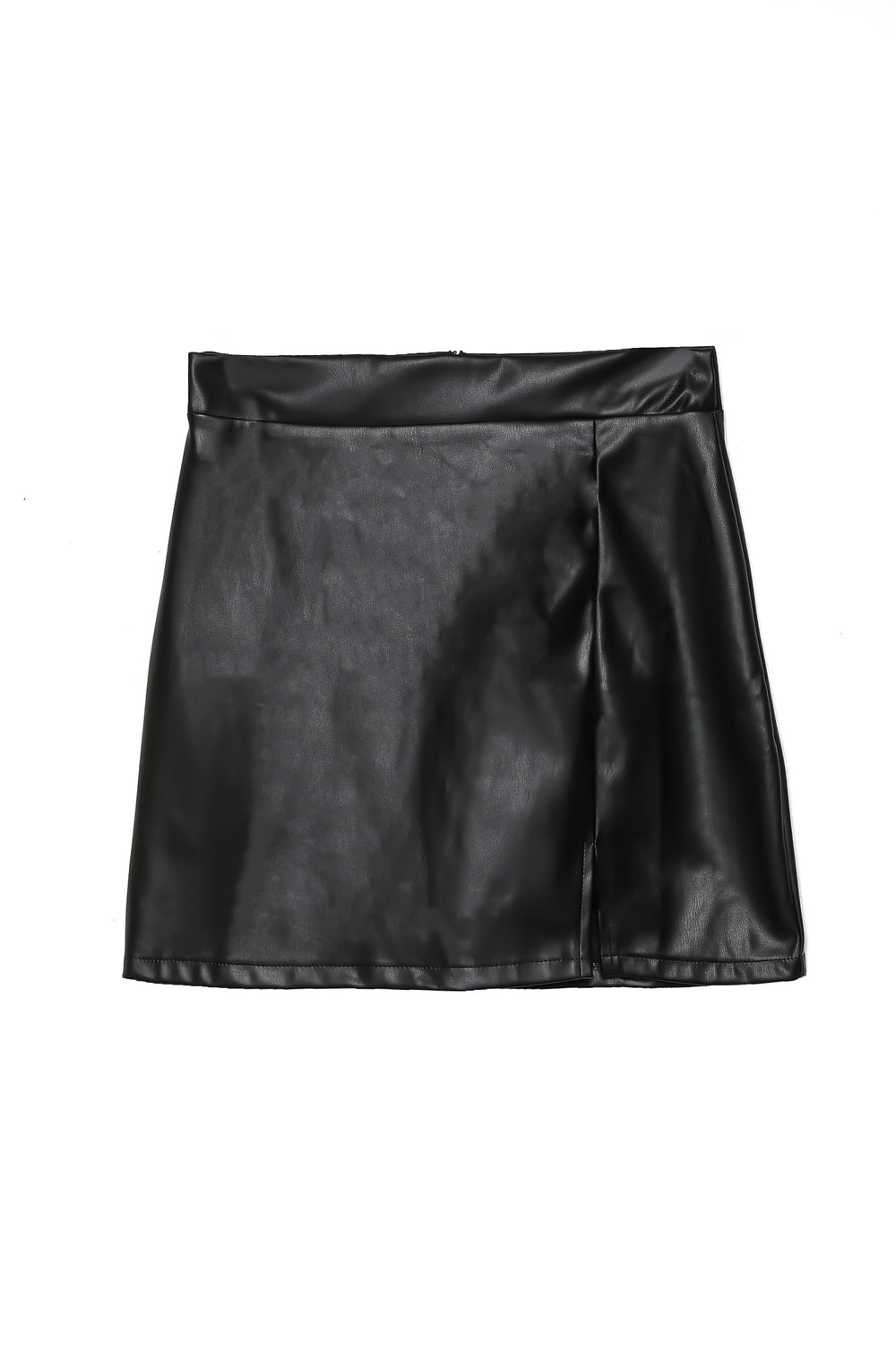 Slit Detailed Mini Leather Skirt Black