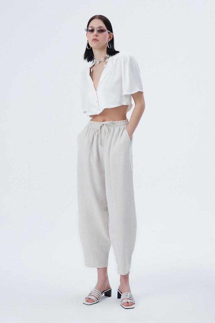 Beli Lastikli Keten Pantolon Naturel