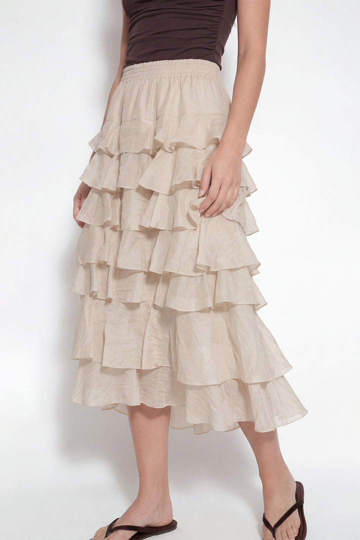 Beli Lastikli Katlı Fırfırlı Midi Etek Taş