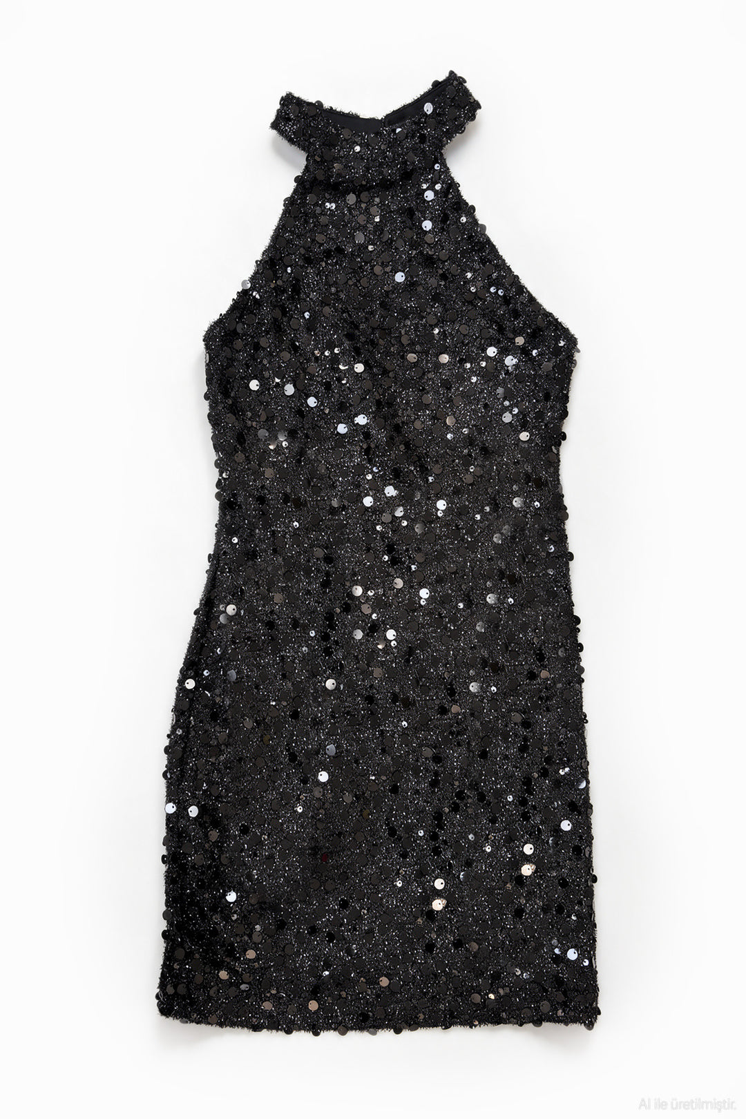 Halter Yaka Payetli Mini Elbise Siyah