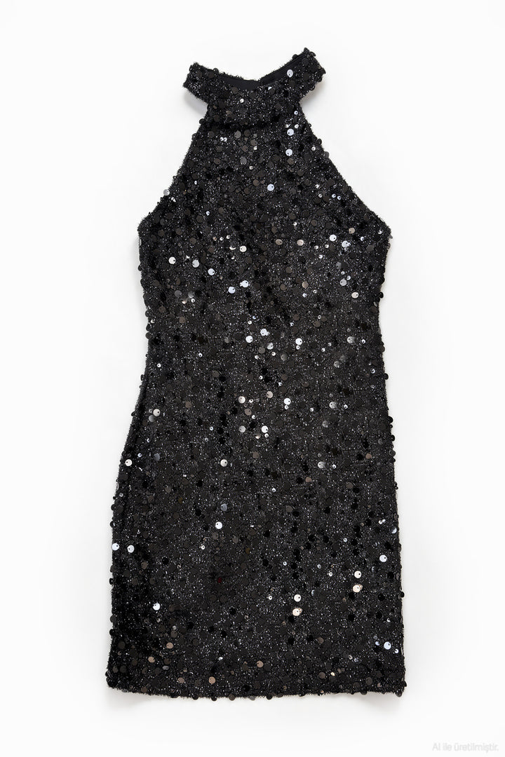 Halter Yaka Payetli Mini Elbise Siyah