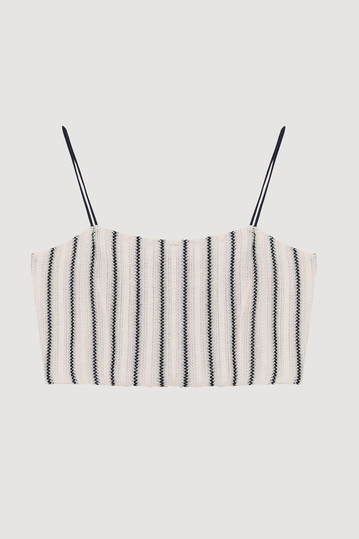 Çizgi Detaylı Askılı Crop Bluz Ekru