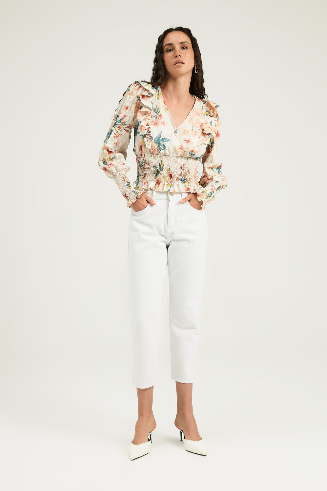 Floral Frilled Double Breasted Blouse Ecru