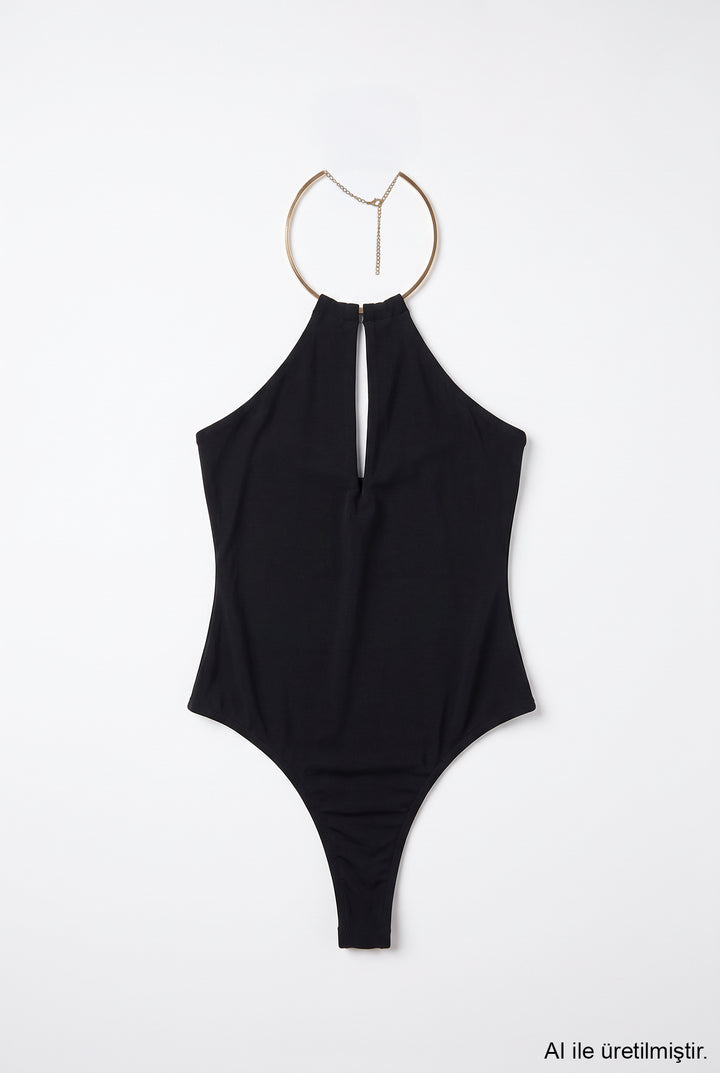 Gold Halka Aksesuarlı Bodysuit Siyah