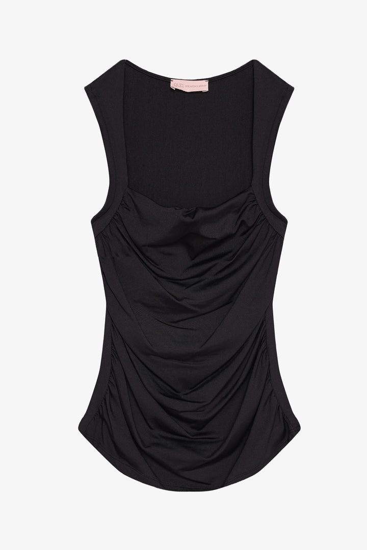 Büzgülü Kolsuz Bluz Siyah