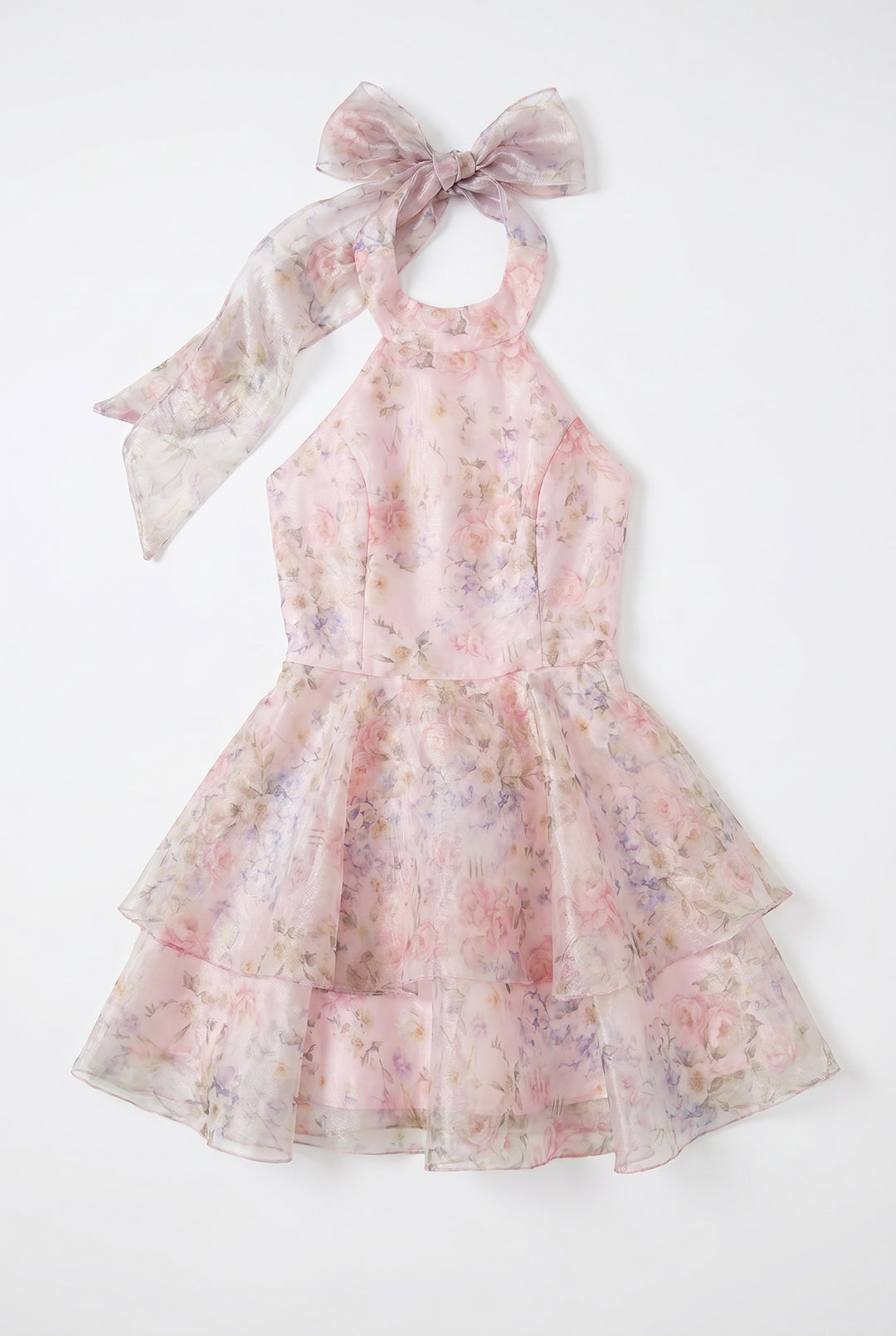 Çiçek Desenli Organze Mini Elbise Pembe