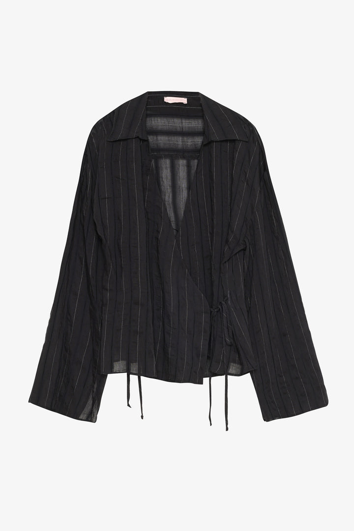 Anvelop Yaka Bağcıklı Tül Bluz Siyah