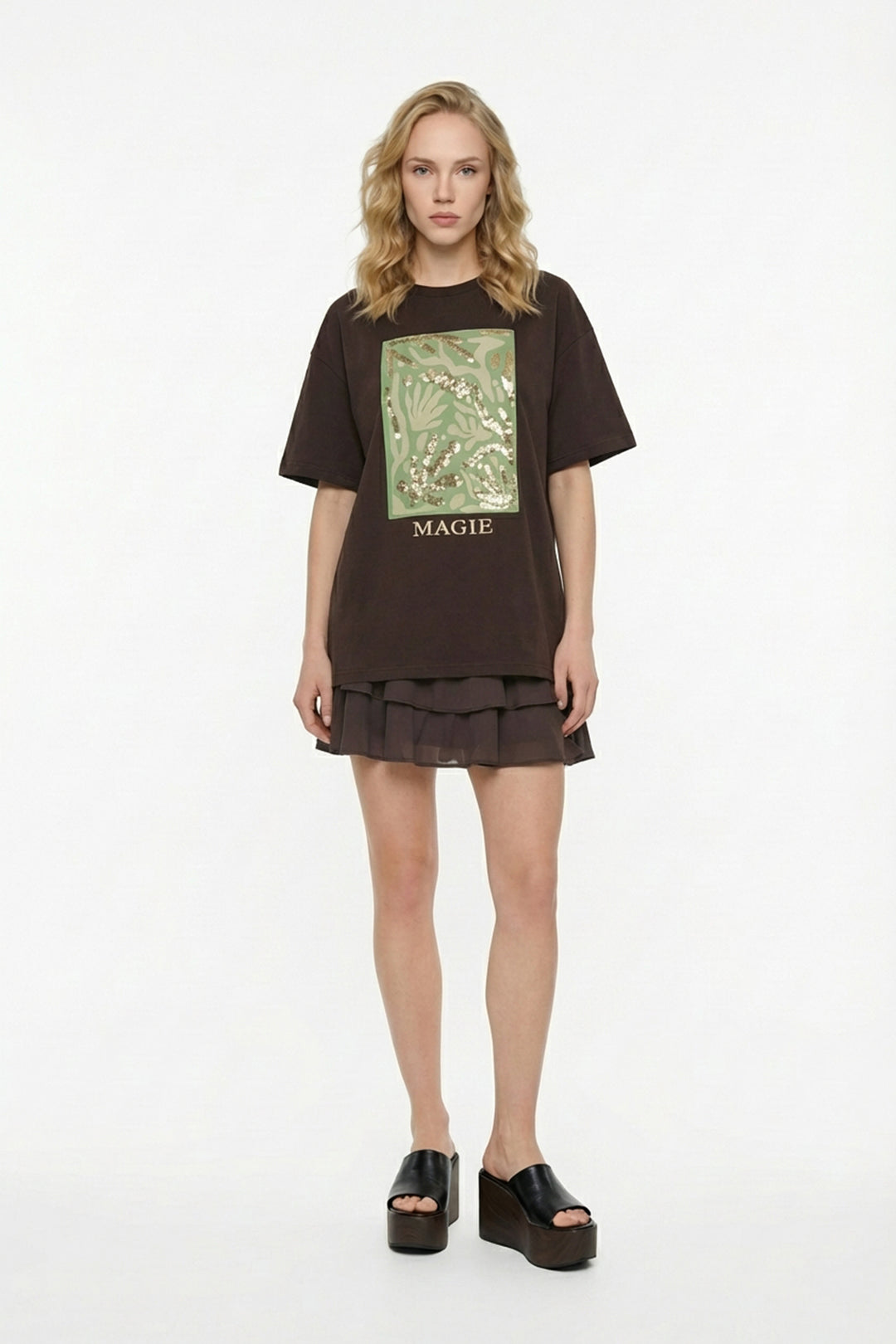 Pul İşlemeli Baskılı Oversize Tişört Kahverengi