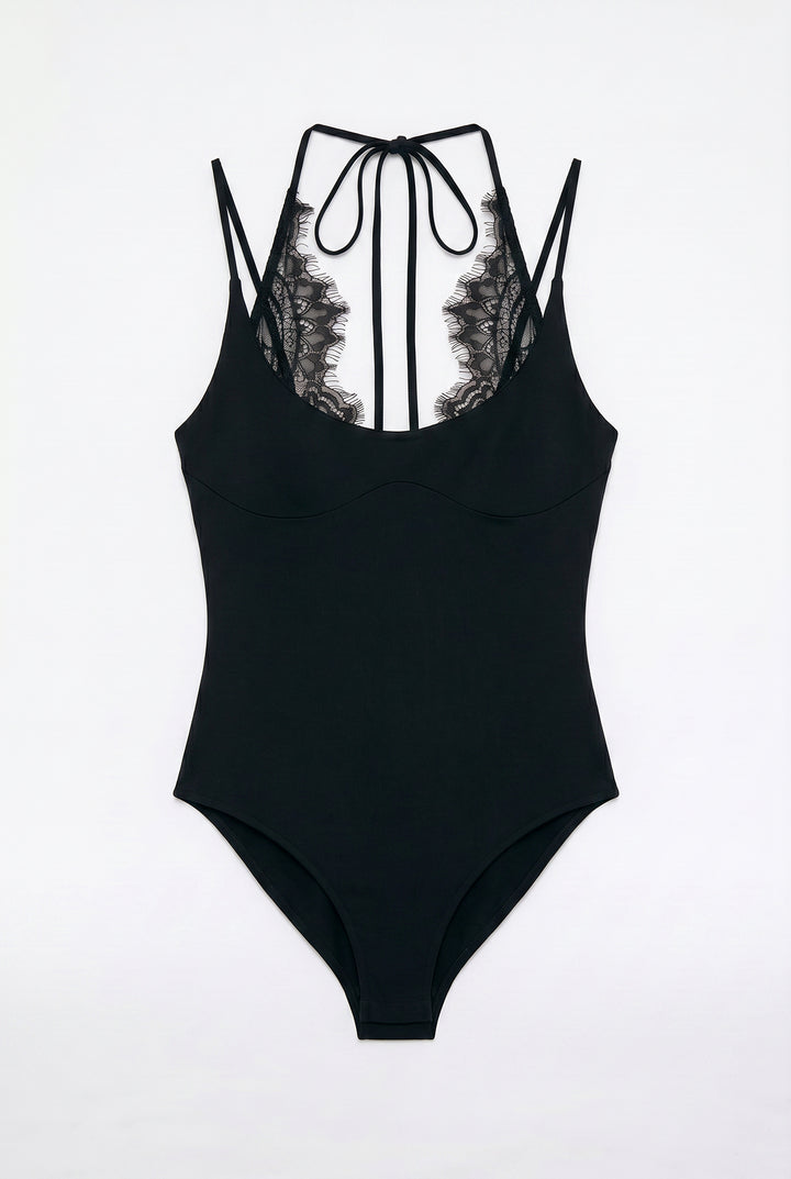 Dantel Kombineli Halter Yaka Bodysuit Siyah
