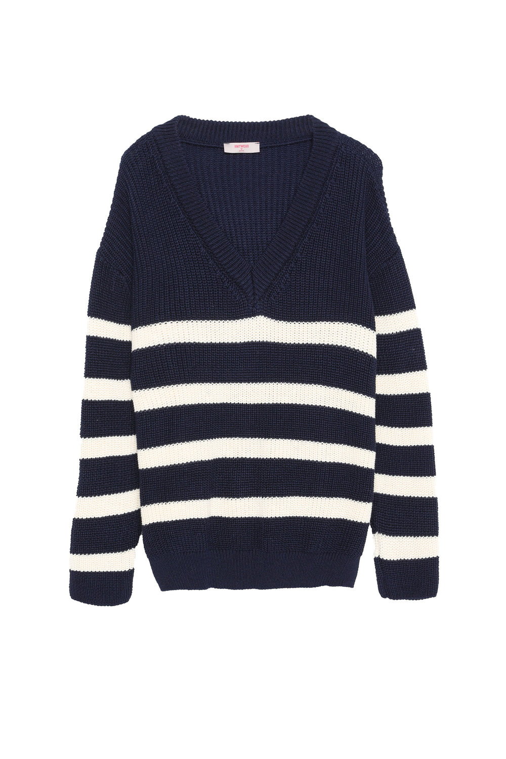 V-Neck Striped Knitwear Sweater Navy Blue-Ecru