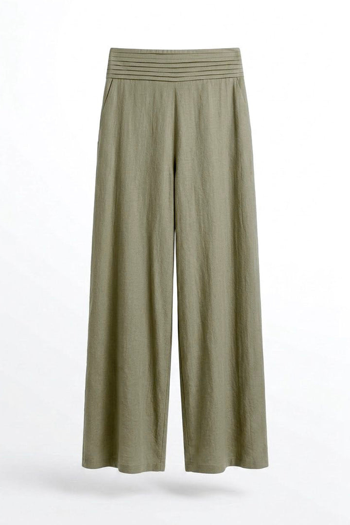 Pileli Bel Bantlı Bol Paça Pantolon Haki