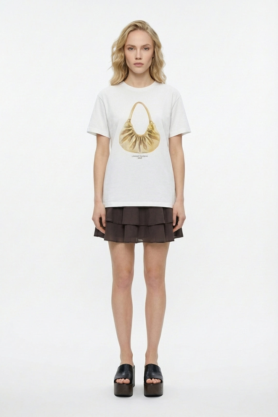 Çanta Baskılı Bisiklet Yaka Tişört Ekru