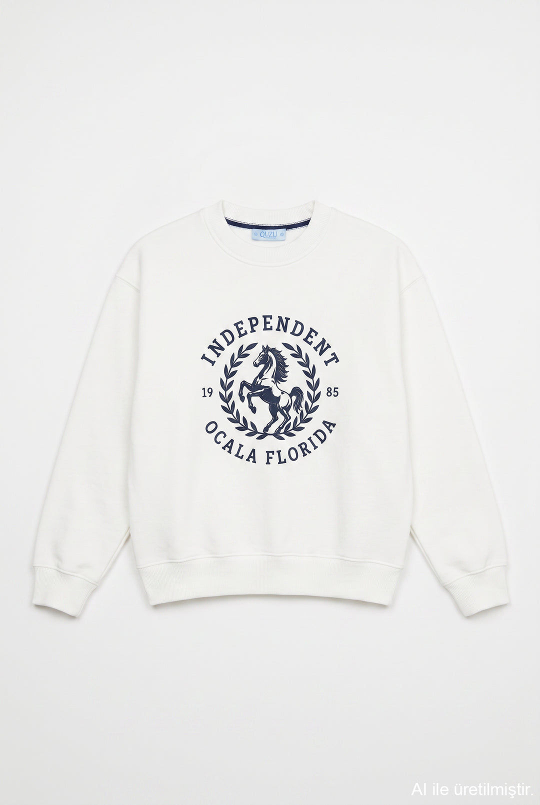 Yazı ve At Baskılı Sweatshirt Ekru
