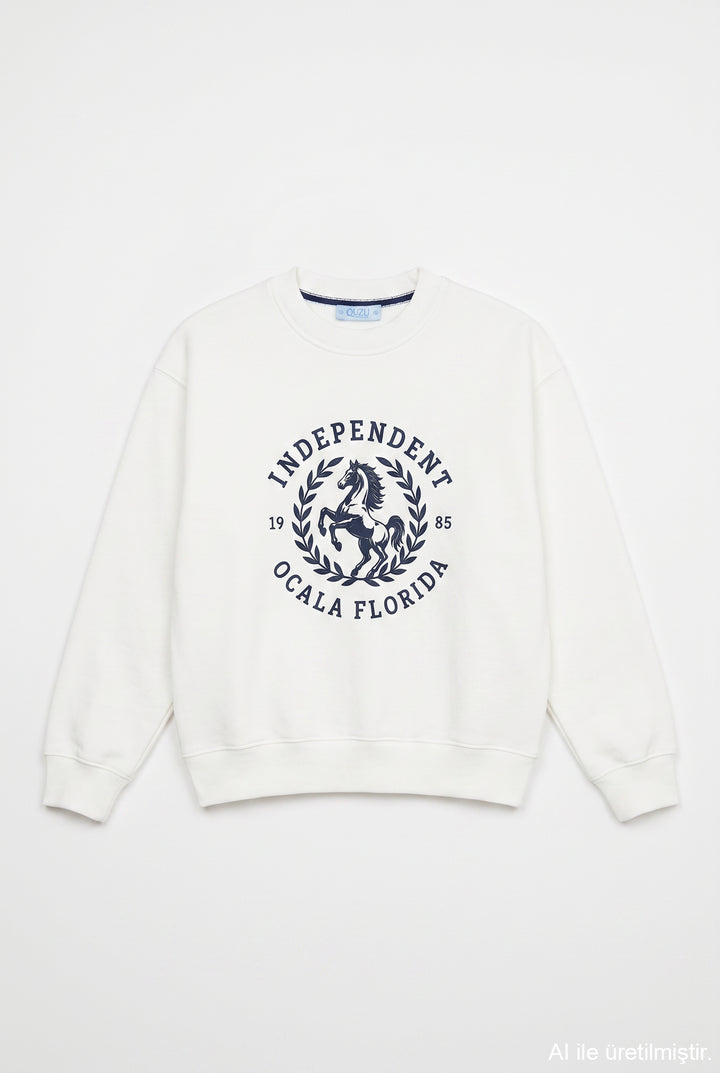 Yazı ve At Baskılı Sweatshirt Ekru