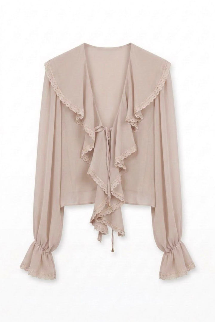 Dantel Şeritli Fırfırlı Bağcıklı Tül Bluz Bej