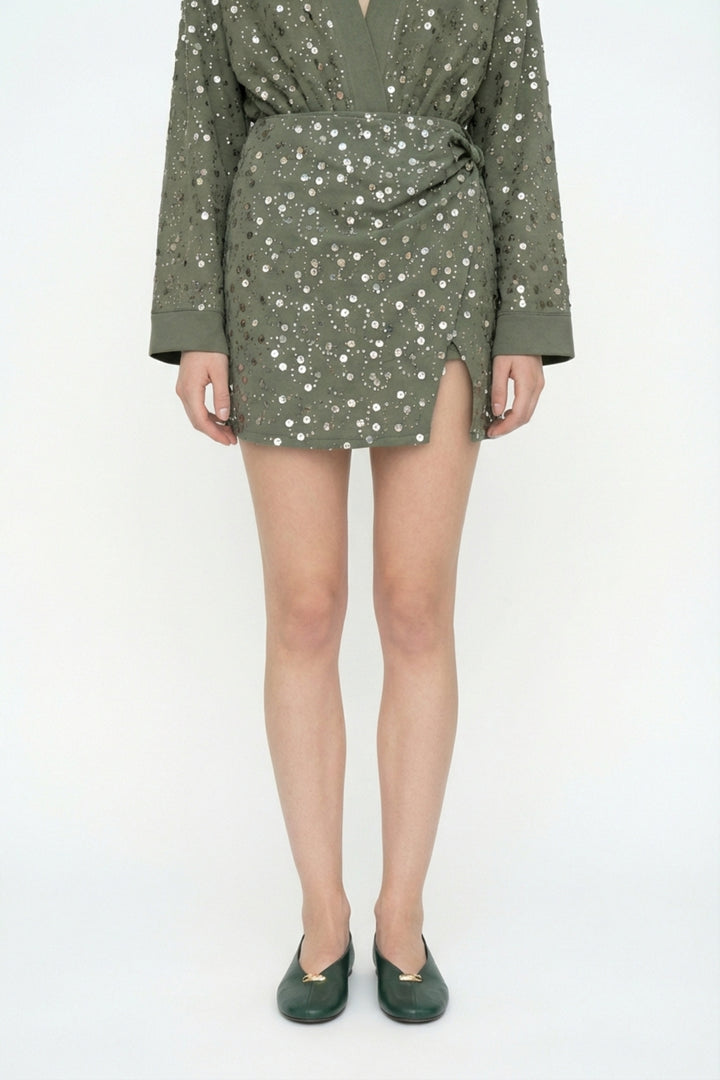 Pul İşlemeli Anvelop Mini Etek Haki