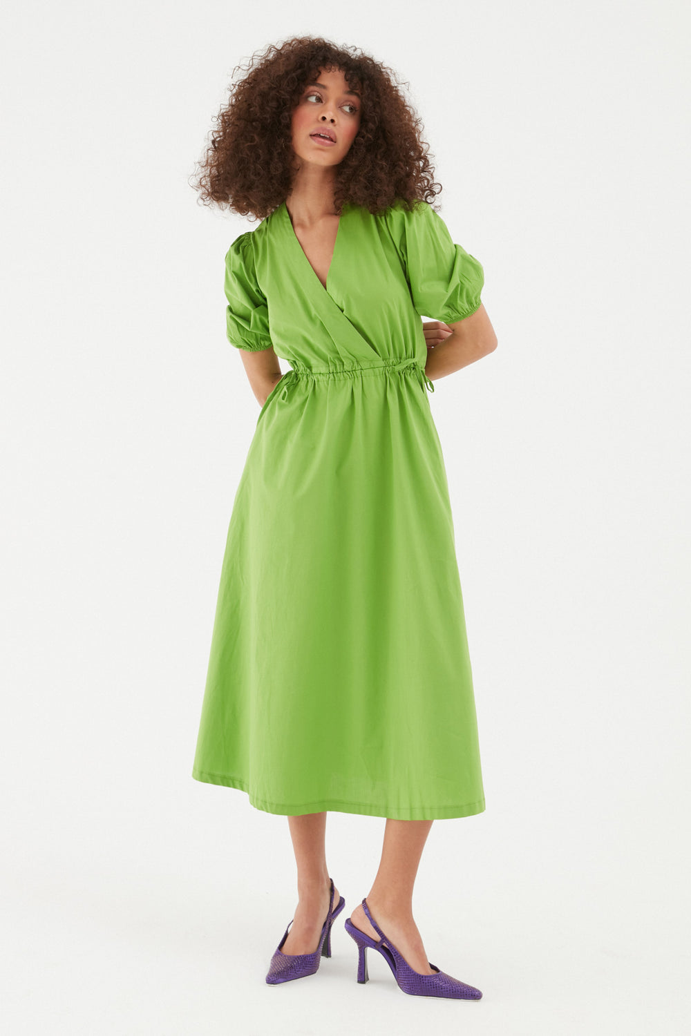 Balloon Sleeve Backless Midi Length Dress Green