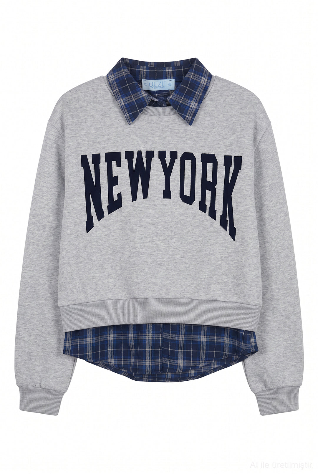 Ekose Garnili New York Yazılı Oversize Sweatshirt Grimelanj